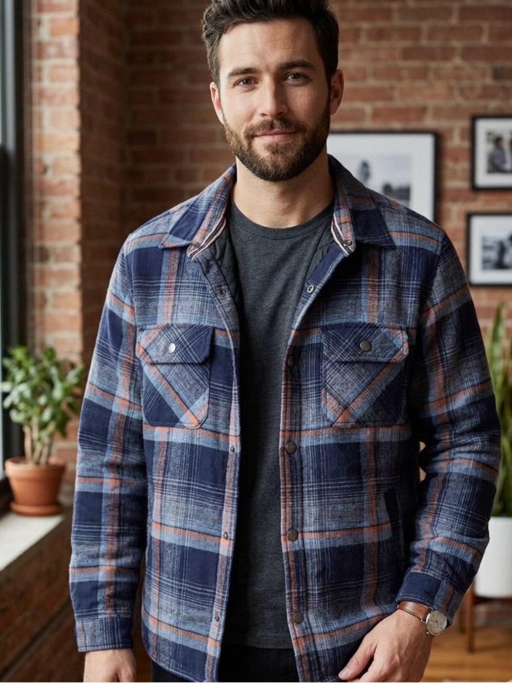 Sun + Stone Navy and Gray Plaid Quilted Shirt Jacket with Orange Trim